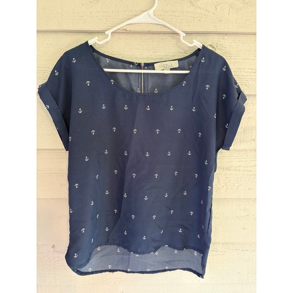 Olive & Oak Navy Anchor Print Blouse Size Medium Nautical Short Sleeve Top - Picture 3 of 8